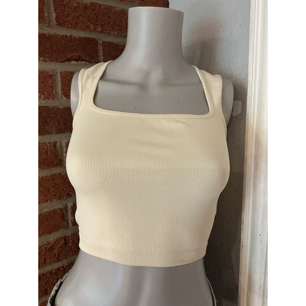 Cream Ribbed Square Neck Crop Tank Top Size Small Neutral Minimalist Basic